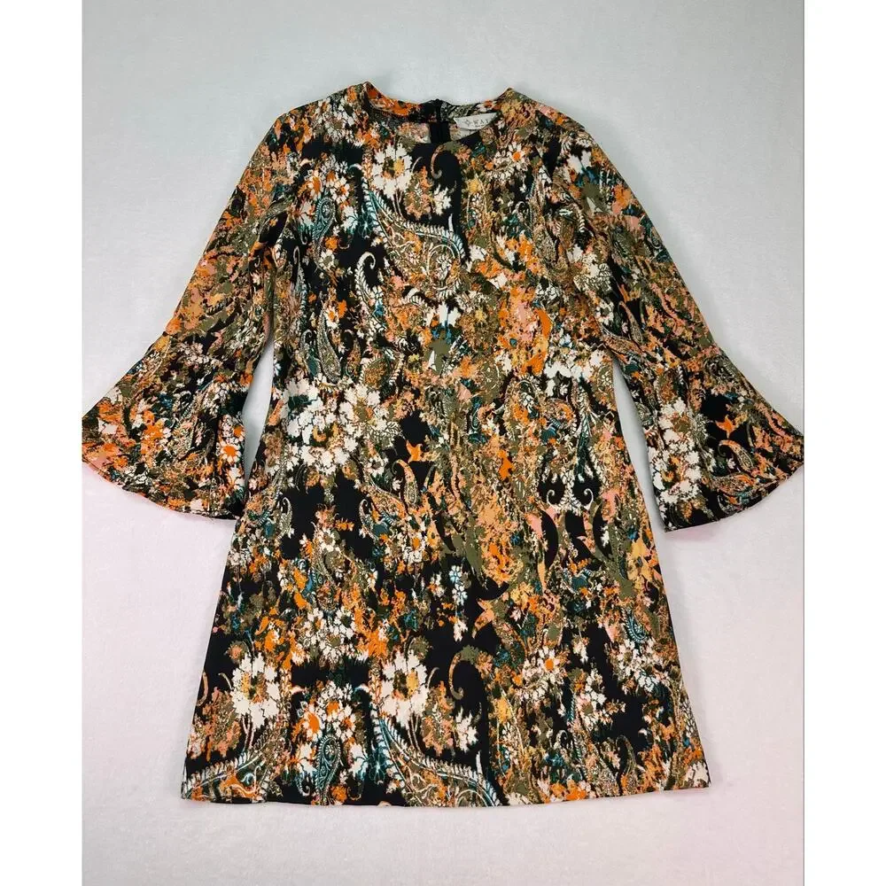 WAYF Multicolor Boho Floral Paisley Bell Sleeve Mini Shift Dress Size Small - Picture 4 of 10